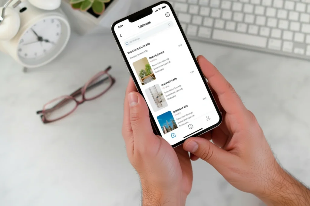 Person holding a smartphone and browsing an online marketplace listing on a desk, representing buying products online.