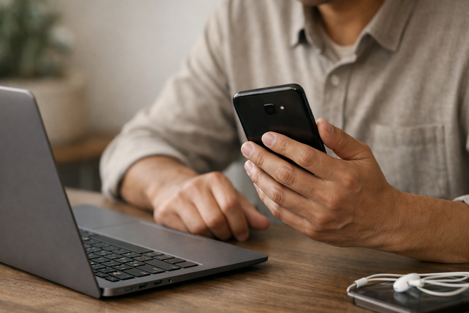 Person inspecting a used smartphone and laptop before buying electronics online in Pakistan