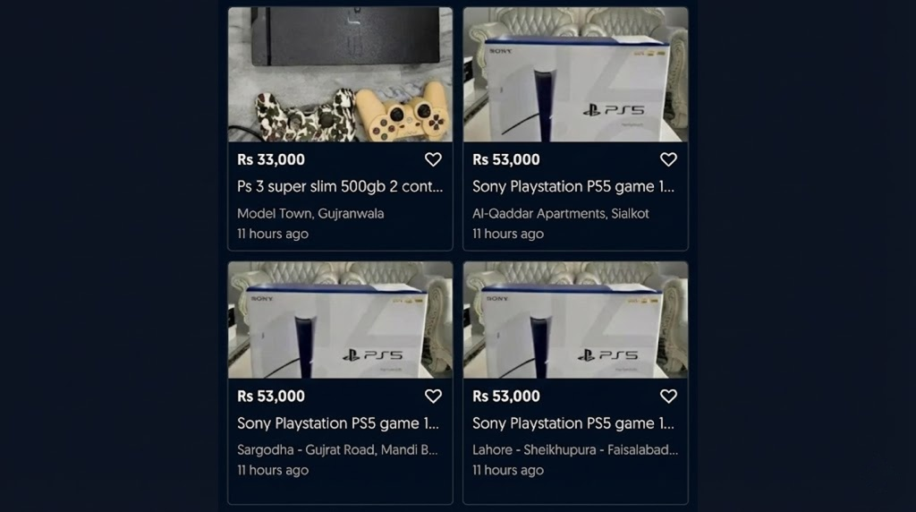 Multiple fake PS5 listings on OLX Pakistan showing identical images, prices, and different city locations